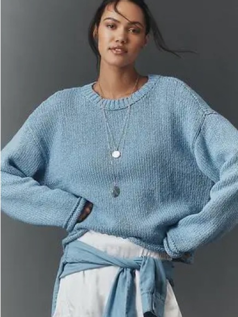 Pilcro Oversized Roll Hem Light Blue Knit Crewneck Sweater Size M